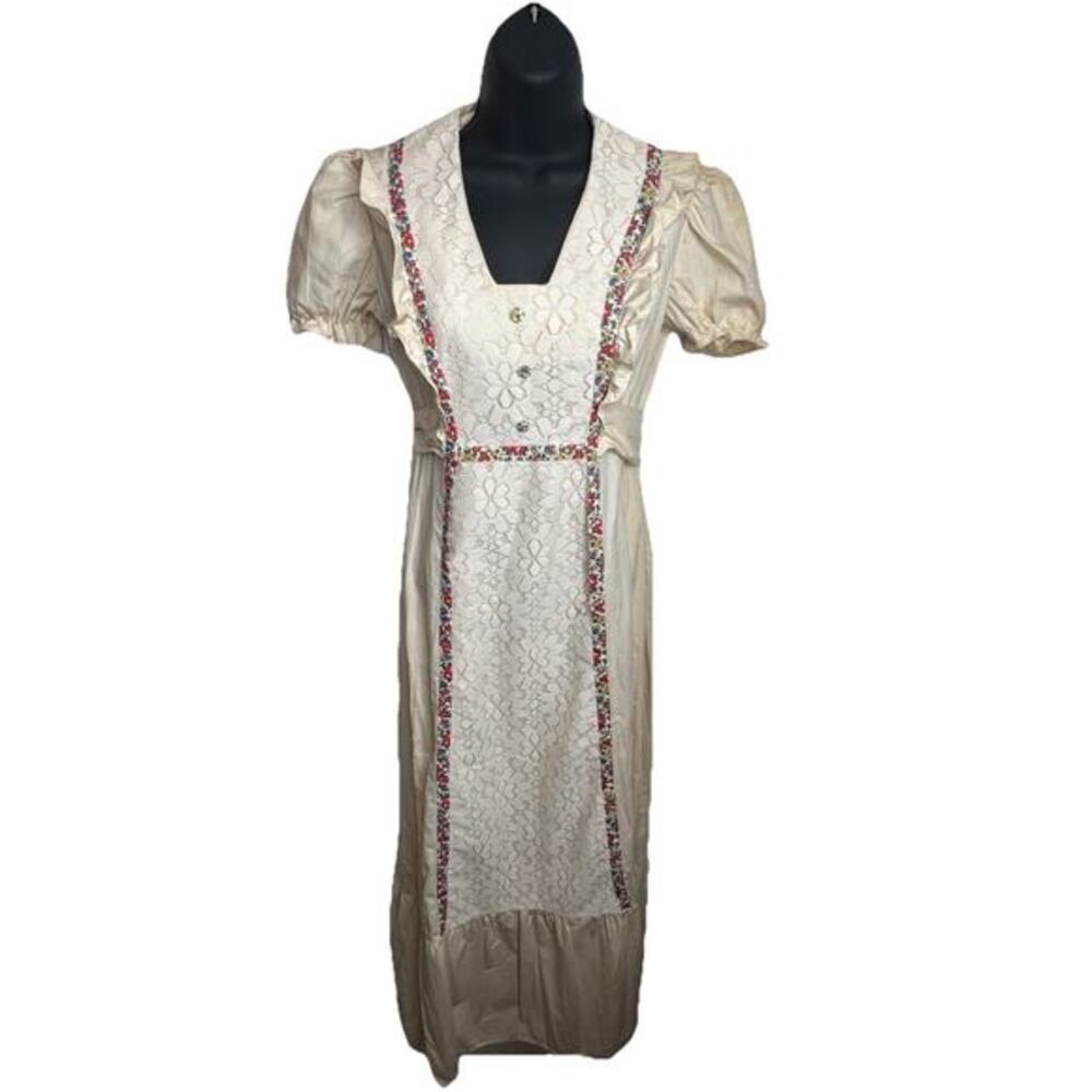 VTG 70s JCPenney Fashions Floral Boho Maxi Prairie Dress Cream Jr Petite Sz 7